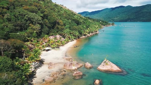 Aerial View of the Tropical Sea and Sandy Beach in the Calm Bay Near the Town of Paraty in Brazil