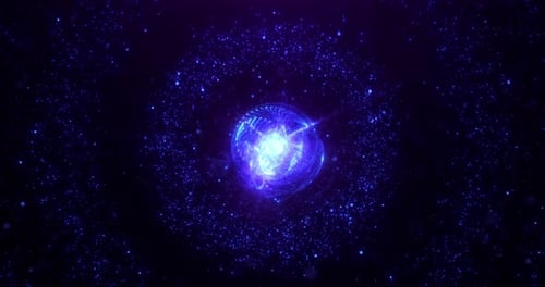 Energy abstract particle sphere with neon rays of light, glowing spherical ball emits rays of light