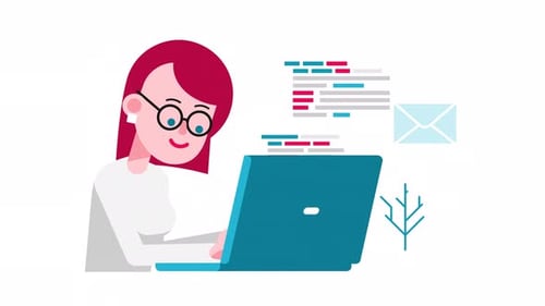 Flat Design Animation of Woman Working on Laptop with Tech Icons