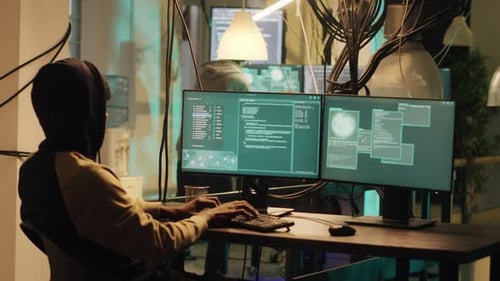 Man working on Dual Monitors in Technology Workplace