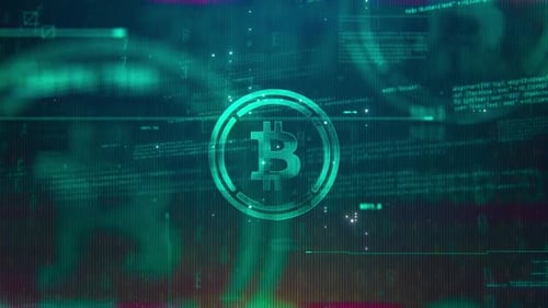 Eingewickeltes Bitcoin-Logo auf futuristischem High-Tech-Hintergrund
