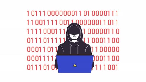 Flat Design Hacker Working on Laptop with Animated Binary Code