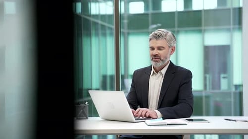 Confident mature businessman working on a laptop sitting at workplace in business office. Male