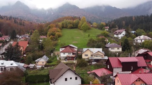 Aerial Of Pasture At Mountain In A Small Village At Autumn