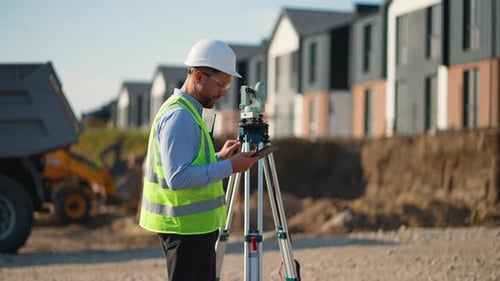 Ingeniero topógrafo que utiliza la medición con teodolito en un sitio de construcción