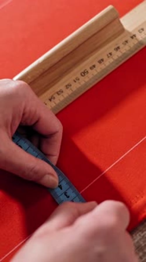 Female's hands are sketching lines with a tape measure and a soap on a table.