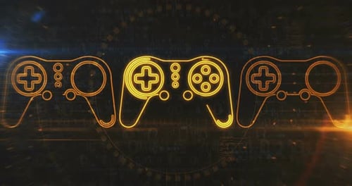 Concepto digital de bucle con símbolos de mando y joystick