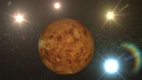 Ansicht des rotierenden Planeten Venus aus dem Weltraum, Blick auf die Sonne, die sich um die Venus dreht. 1648