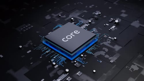 Futuristic Core Processor with Blue Digital Circuit Board Animation
