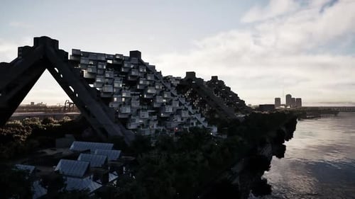 Complejo arquitectónico moderno a lo largo del río al anochecer con horizonte urbano