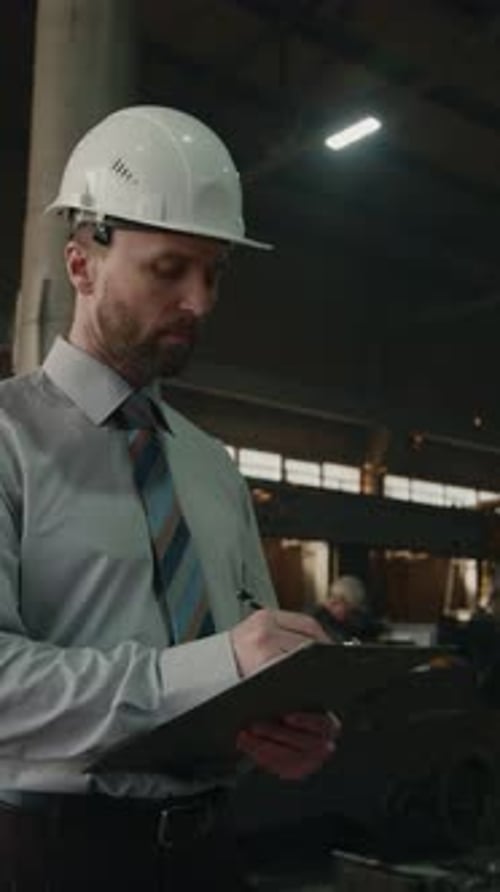 Factory Inspector Taking Notes on Clipboard