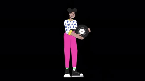 African american girl holding vinyl record line 2D character animation