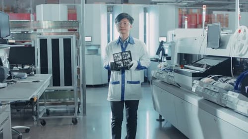 In einer High-Tech-Fabrik transportiert ein asiatischer Arbeiter eine Charge mit einer Elektronisch Leiterplatte, die mit zusammengebaut ist