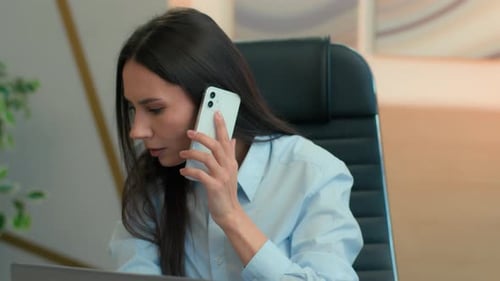Businesswoman Girl in Office Talking Mobile Phone Female Employer Caucasian Business Woman Lady