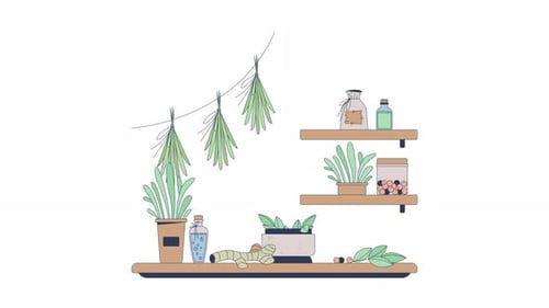 Boticário de ervas rústico com ingredientes naturais, animação de desenho animado