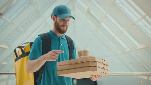 Portrait of Smiling Man Courier Delivery Standing With Pizza Boxes Coffee