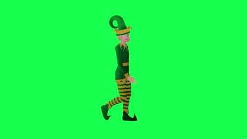 cartoon green elf walking from right angle on green screen