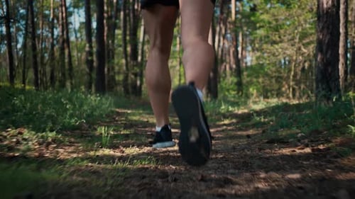 Close up athlete legs running in forest. Runner sprinting and do exercise.