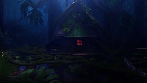 Animated Mysterious House in Deep Dark Jungle Forest at Night