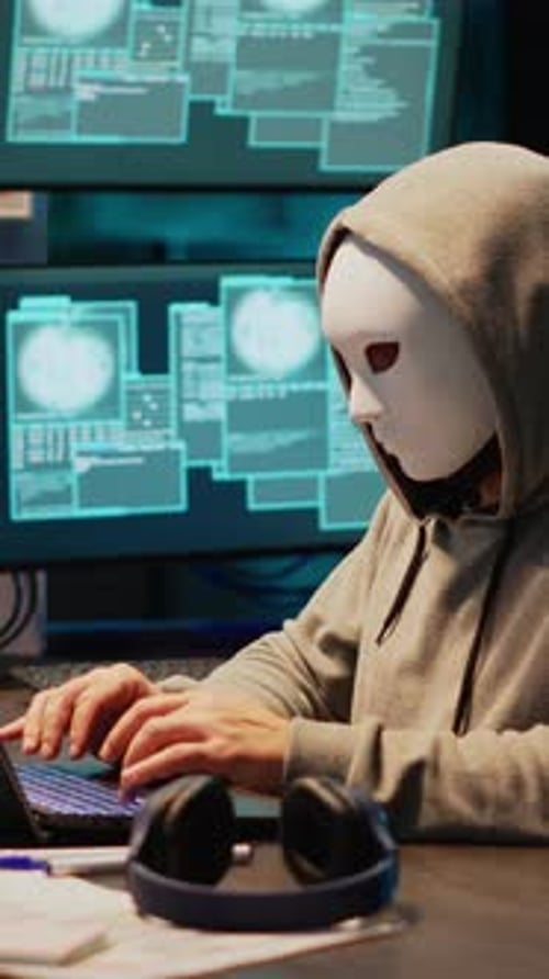 Un voleur de piratage masqué par vidéo verticale vole des informations sur un serveur de base de données