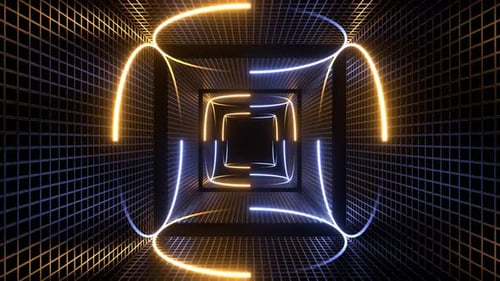 Lighting Blue And Yellow Neon Circle Lights In Square Frames Background Vj Loop In 4K
