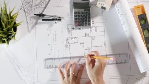 Architectural project workspace. Top view of architect drawing with ruler on house plan blueprint