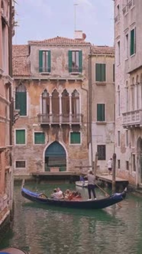 Gondola Go Down Canal at Day Venice Italy Gondolier Navigate Boat Tourists Enjoy Ride and Take