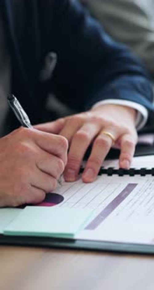 Business, person or hands writing with documents in office for company performance or review