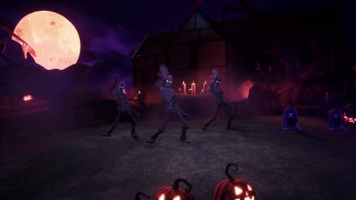 Stylized Halloween Horror Scene: Spooky Skeletons Dancing in Haunted Graveyard 2