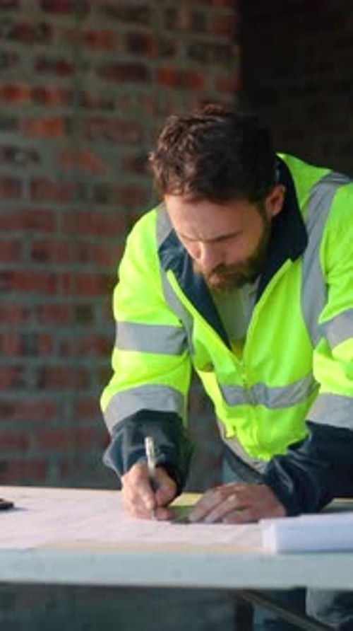 Blueprint, calculator and construction with man on building site for property development budget