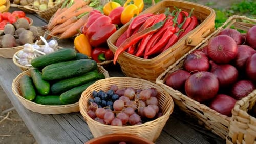 Vegetables and Fruits Against the Background of a Farmers Market Selective Focus Food
