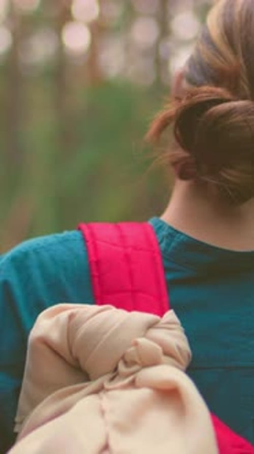 Back View of Hikers Hanging Bags Over Shoulders in Serene Forest