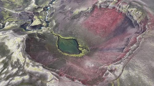 Aerial view of landscape with crater lake, Iceland.