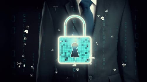 Businessman Show Hologram of Cyber Security Management Allusive Technology