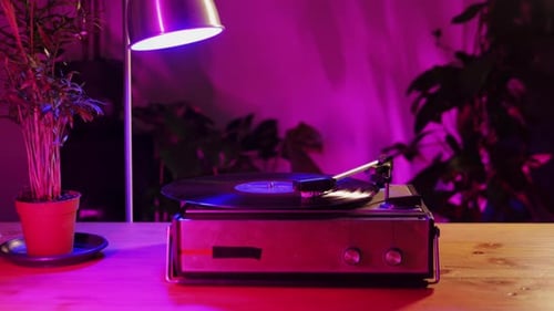 Vintage Record Player in Indoor Night Setting