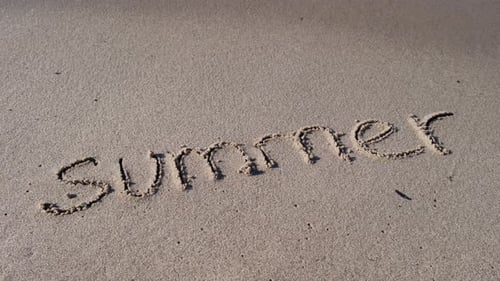 Text SUMMER Handwritten in Sand Surface Blue Ocean Wave Washing Away Message at the Beach Summer