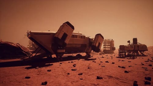 Martian Colony Base and Rover on Mars Planet