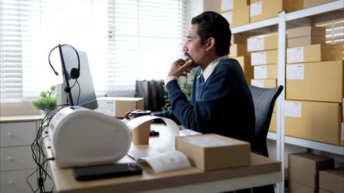Warehouse manager analyzing data on desktop computer, planning inventory