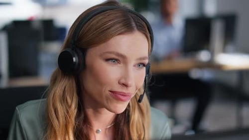 Portrait Helpdesk Operator Helping Customer Providing Support in Office Closeup