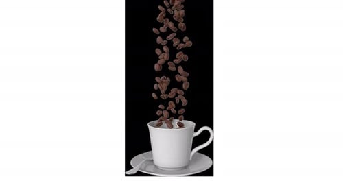 Animated Coffee Beans Falling into White Coffee Cup