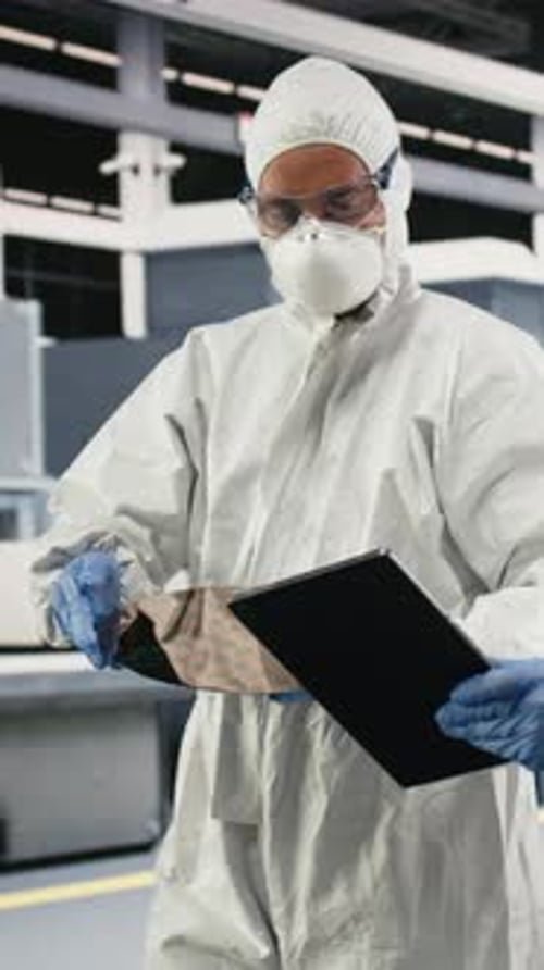 Vertical Video Engineering Team Brainstorming in Microchip Factory Cleanroom Using Devices