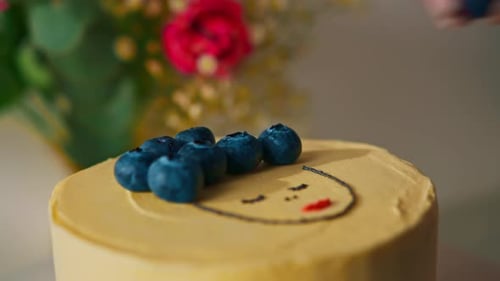delicious freshly made sponge cake bento decorated with blueberries cake on a stand on a white