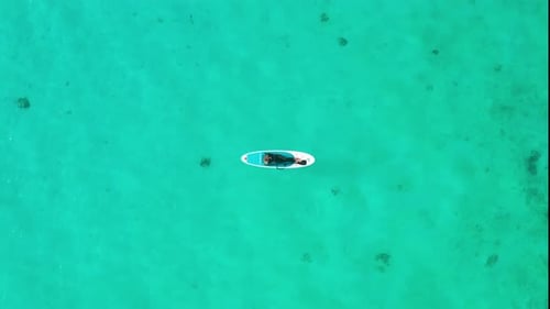 Aerial View of a Woman on a Surfboard in the Turquoise Waters of the Maldives