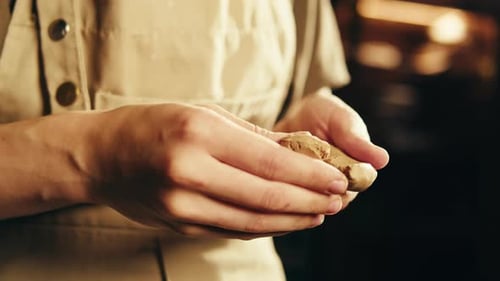 Woman Potter Works with Clay on Master Class in Studio Working Process in Ceramic Workshop Potter