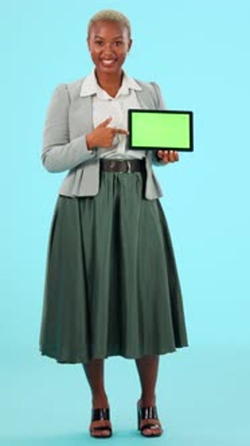 Black woman, studio and tablet green screen portrait for advertising mockup space or website