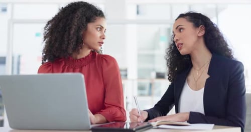 Creative, collaboration and business women on laptop for strategy, planning and marketing idea