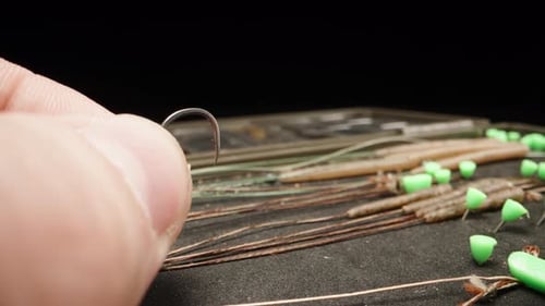 I put an artificial, silicone fly larva on a fishing hook, close-up.