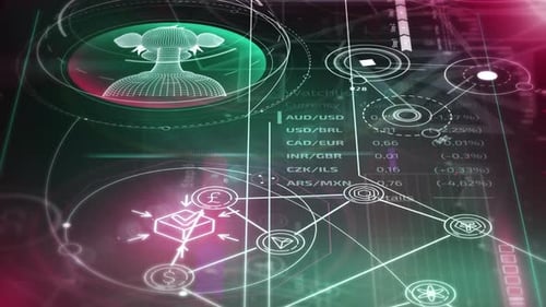 Futuristic Tech HUD Display with Animated Cryptocurrency Icons