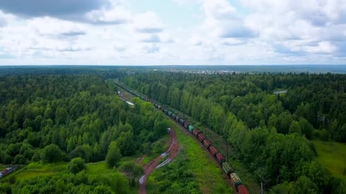 Vista aérea de um longo trem de carga em movimento ao longo de árvores verdes de verão
