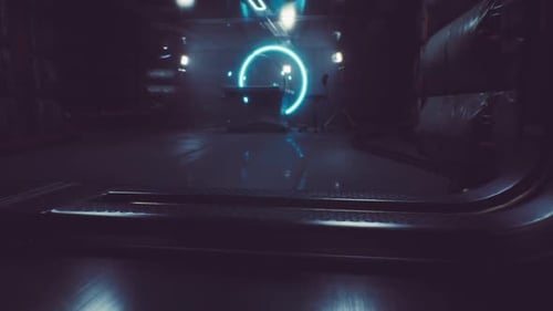 Corridor futuriste avec cercle lumineux et environnement de haute technologie